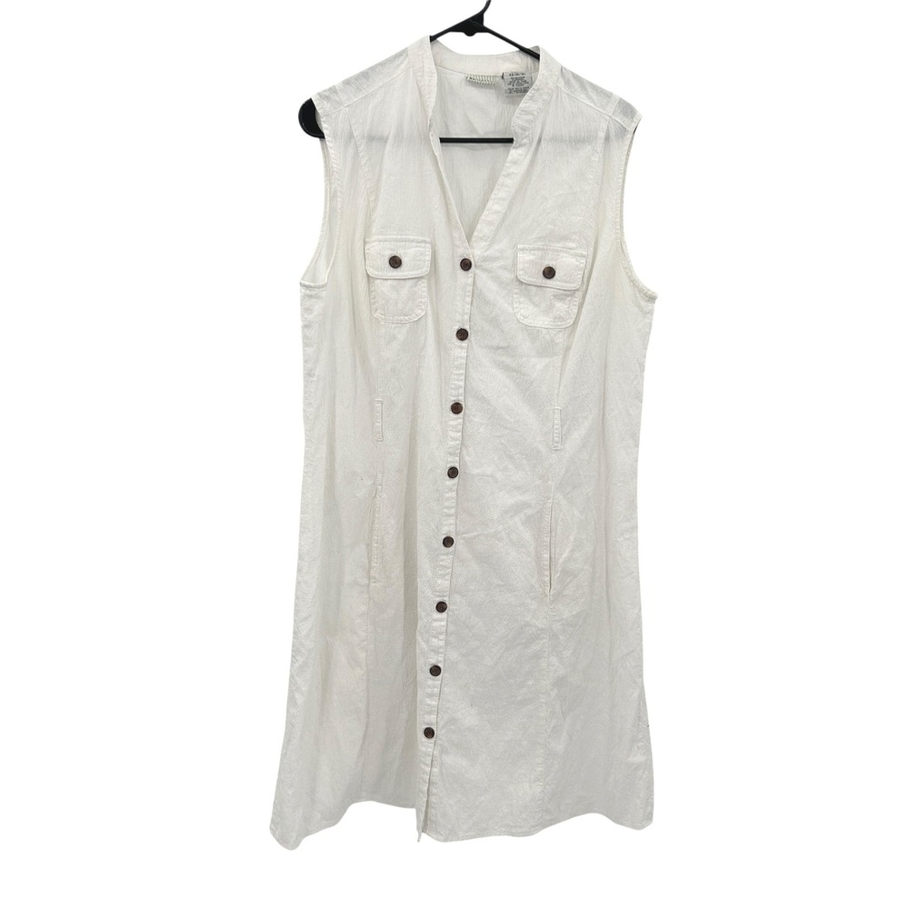 White Button Front Shirt Dress XL Sleeveless Cotton Summer Minimalist Resort - Picture 1 of 8
